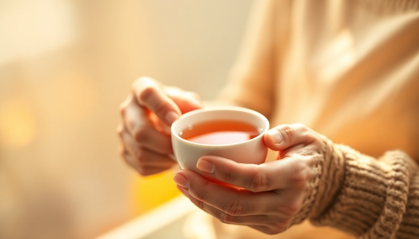 An extremely abstracted, out-of-focus photograph of an older adult's hands holding a warm cup of tea, with soft, warm pools of light and color in the background, conveying a sense of comfort and community.