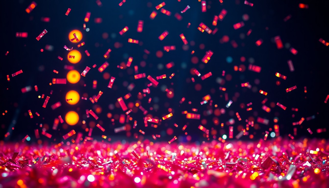 An extreme close-up photograph of shimmering, multicolored confetti particles against a stark black background, captured in dramatic studio lighting to create a high-contrast, glamorous aesthetic evoking the excitement of the Coachella music festival.
