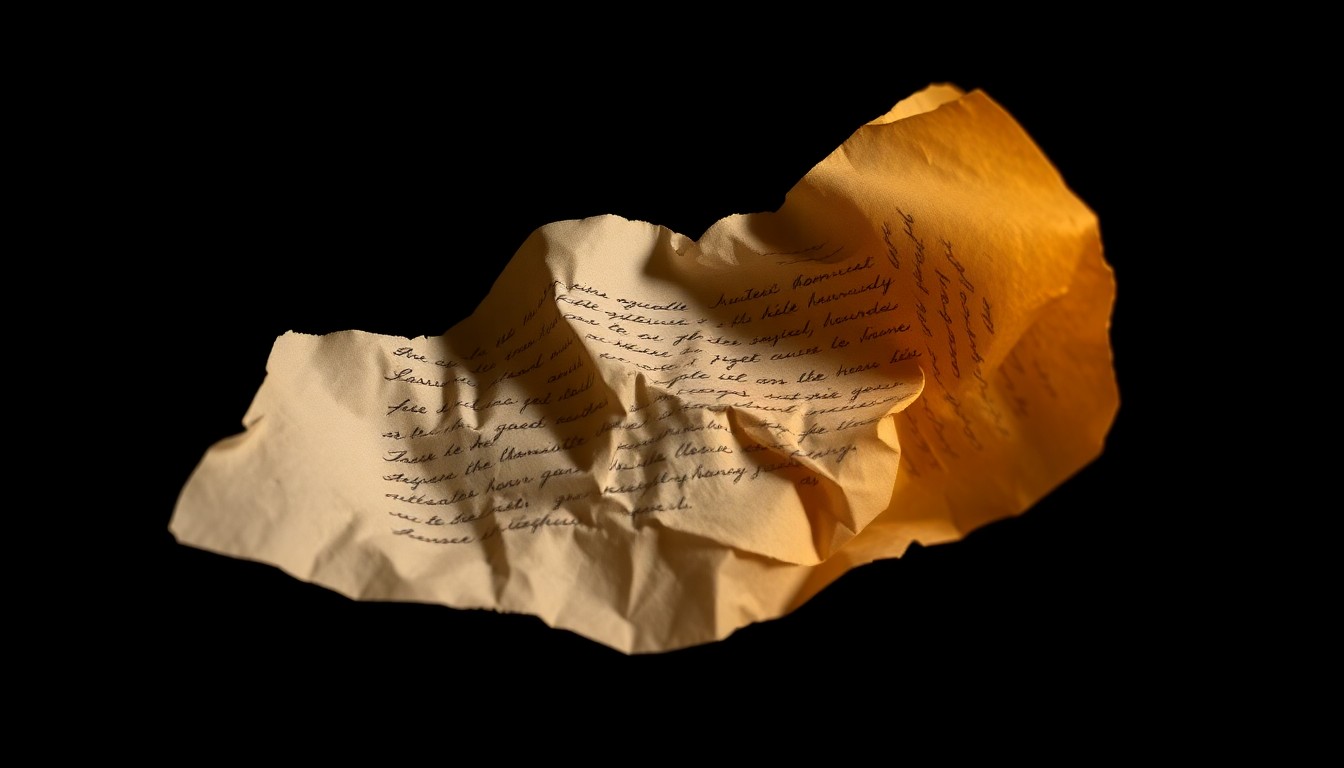 An extreme close-up photograph of a crumpled piece of paper with faded handwritten notes, conceptually representing the old evidence at the center of this decades-old murder case.