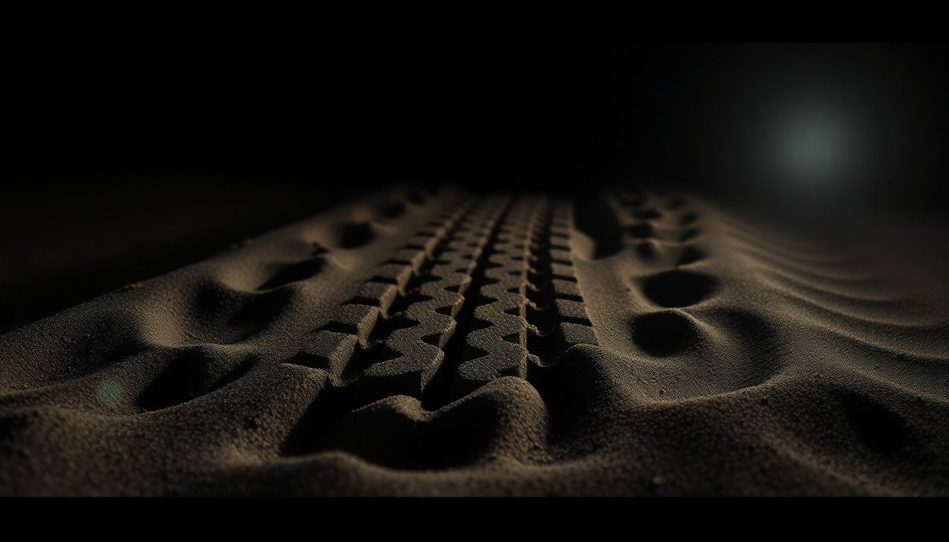 An extreme close-up photograph of a police vehicle tire tread imprinted in the sand, creating a stark, gritty, investigative aesthetic that conceptually illustrates the dangers beachgoers face from law enforcement vehicles on public beaches.