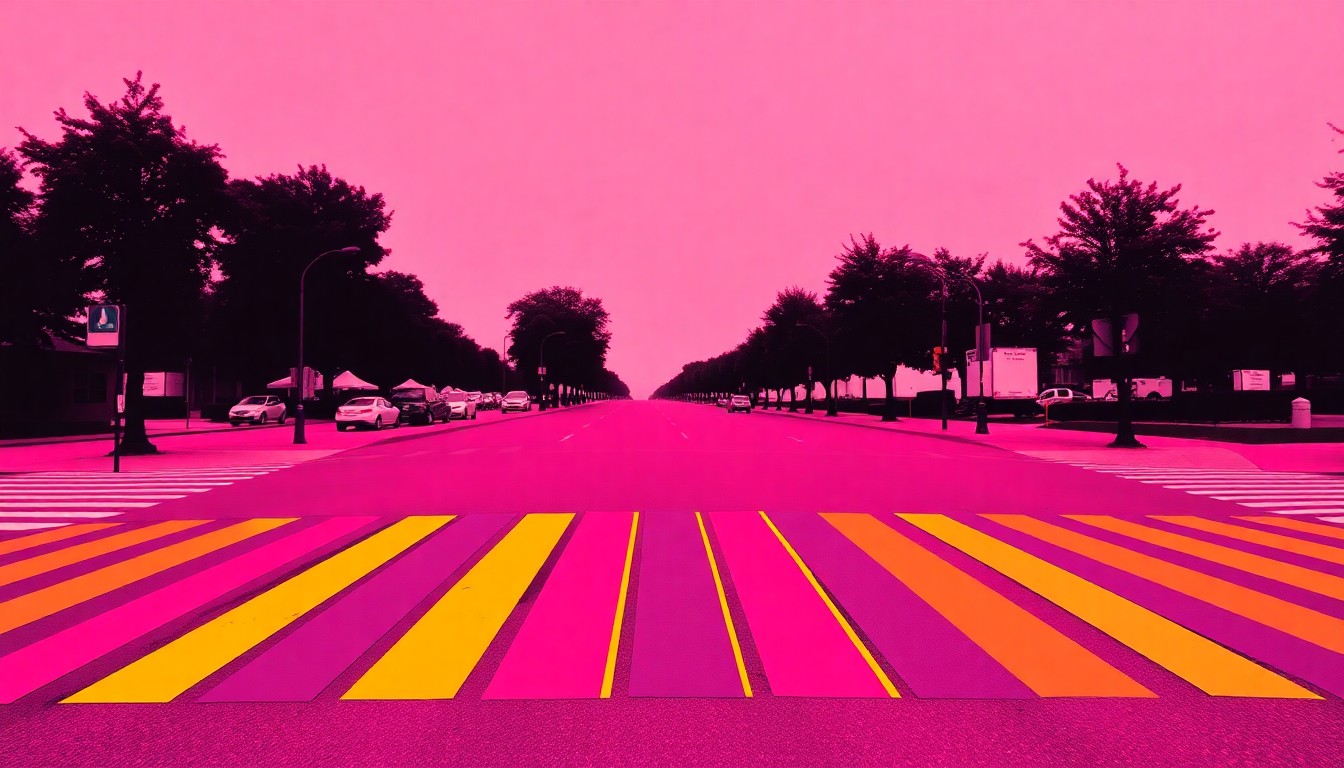 A vibrant, high-contrast silkscreen print featuring a repeating grid of a rainbow-colored crosswalk, conceptually representing Miami Beach's celebration of LGBTQIA+ pride and inclusion.