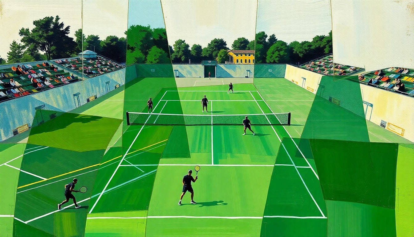 A fragmented, geometric painting depicting the dynamic movement and overlapping perspectives of a college tennis match, with players' forms dissolving into abstract shapes and planes of color.