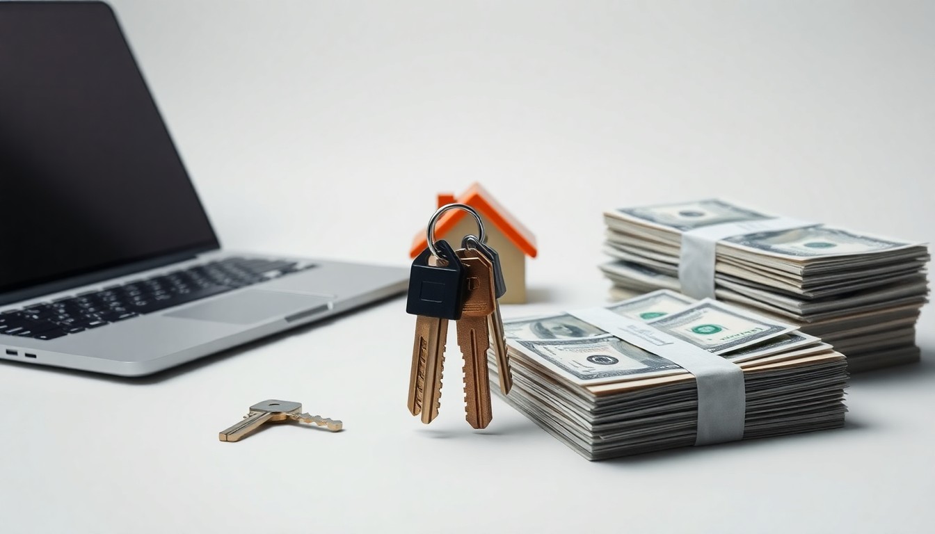 A minimalist studio still life photograph featuring a set of house keys, a laptop, and a stack of cash on a clean, monochromatic background, symbolizing the business potential of short-term rentals during the World Cup in Seattle.