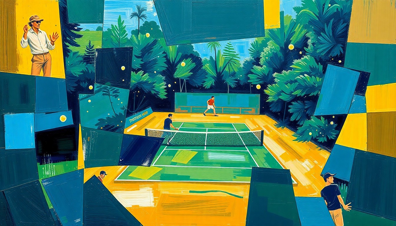 A cubist, geometric painting depicting a tennis court scene broken down into overlapping planes of navy, green, and gold, conveying the energy and excitement of the new athletic facility.