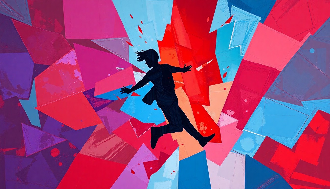 A fragmented, abstract painting in bold colors depicting a person's silhouette in motion, conceptually representing the clash between opposing ideological forces.