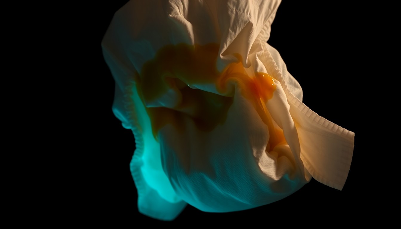 An extreme close-up of a soiled adult diaper, capturing the gritty details and harsh lighting to conceptually represent the disturbing nature of the alleged assault.