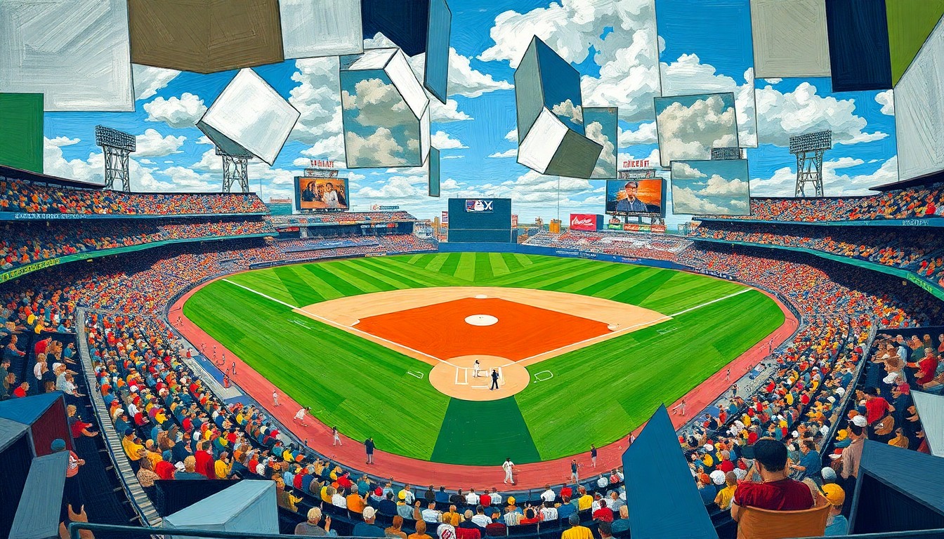 A cubist-style painting depicting a baseball game broken down into sharp, overlapping geometric shapes and planes, conveying the disjointed nature of the sport without umpires to maintain order.