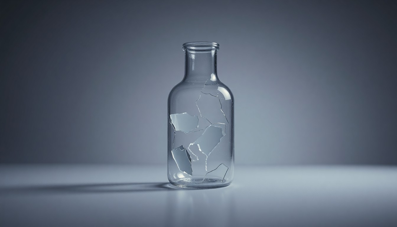 A photorealistic studio still-life photograph featuring a shattered glass vial or beaker placed on a clean, monochromatic background with dramatic lighting and deep shadows, symbolizing the legal and financial consequences of a biotech company's alleged false statements.