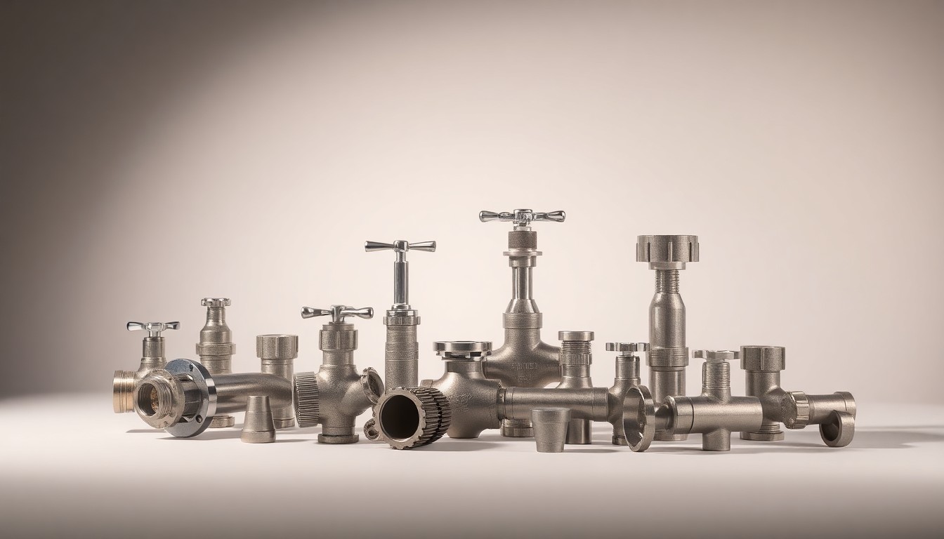 A high-end, photorealistic studio still-life photograph featuring a collection of polished metal pipes, valves, and fittings arranged elegantly on a clean, monochromatic background, conceptually representing the complex infrastructure of a municipal stormwater system.