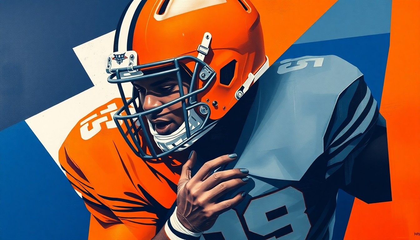 A fragmented, geometric painting depicting the movements and positioning of a defensive back in coverage, using bold, contrasting colors to convey the energy and dynamism of elite college football talent.