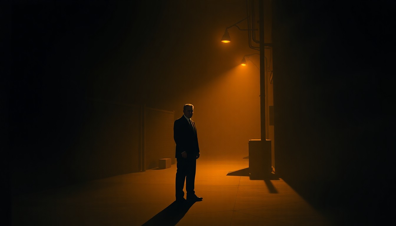 A cinematic painting in the style of Edward Hopper, depicting a solitary figure standing in a dimly lit urban setting, with warm sunlight and deep shadows creating a contemplative, nostalgic mood.