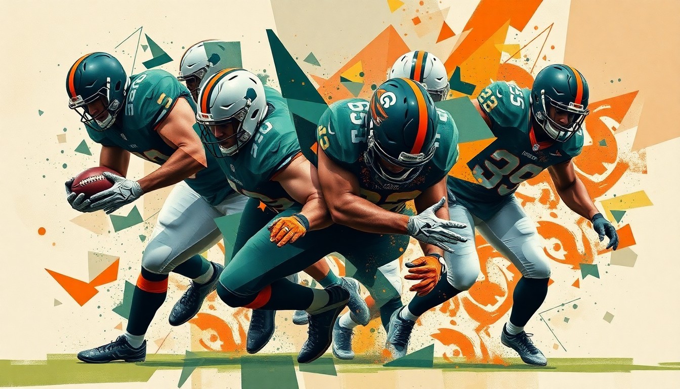 A fragmented, geometric painting depicting the forceful movements and collisions of a defensive lineman, with sharp planes of deep green, orange, and grey hues.