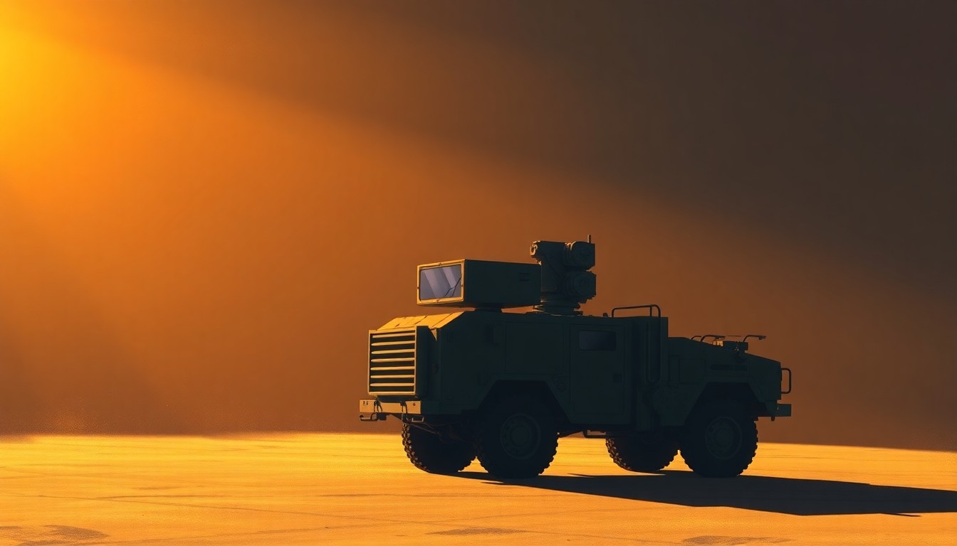 A serene, photorealistic painting of a high-energy laser counter-drone system mounted on a military vehicle, its sleek lines and muted colors conveying a sense of quiet power and technological sophistication.