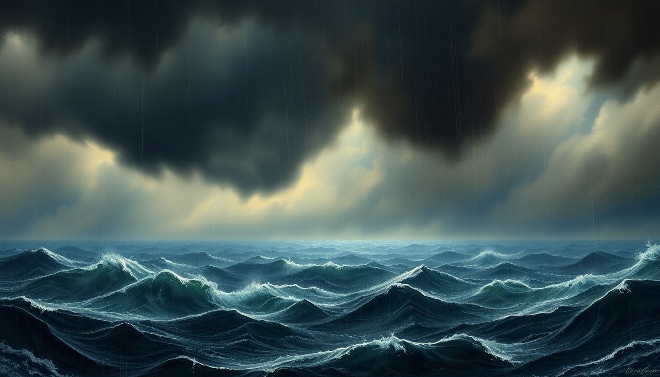 A dramatic, atmospheric landscape painting in muted tones of gray, blue, and green, depicting a stormy seascape with heavy rain and dark clouds obscuring the horizon, conveying the overwhelming power of the natural elements.