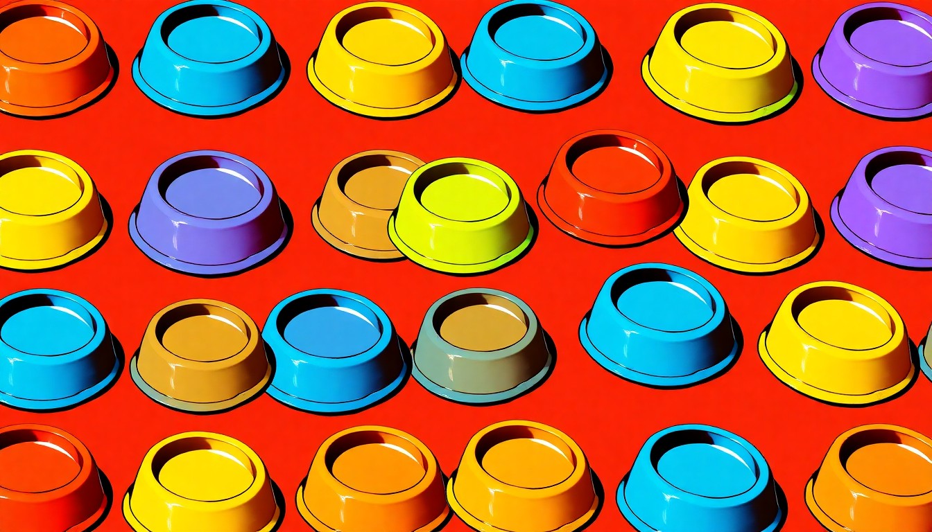 A vibrant, pop art-inspired grid of brightly colored dog food bowls, conceptually representing the essential pet supplies collected during the Brewers Community Foundation's annual drive.
