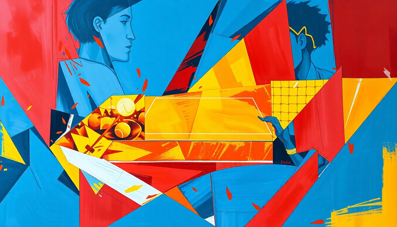 A cubist, geometric painting depicting a tennis match, with sharp, overlapping planes of vibrant red, blue, and yellow colors representing the raw energy and intensity of the final.