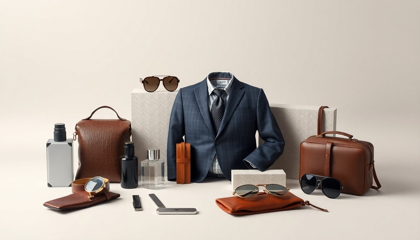 A minimalist, photorealistic studio still-life featuring a selection of premium men's clothing and accessories, including a tailored suit, dress shirt, and leather accessories, arranged elegantly on a clean, monochromatic background to symbolize the abstract concepts of corporate strategy and the evolving fashion needs of modern office workers.