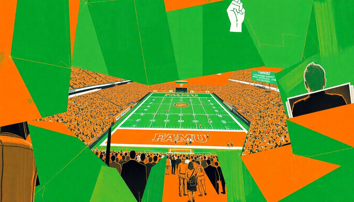 A cubist, geometric painting depicting a fragmented FAMU football game, with sharp planes of orange and green representing the team's official colors.