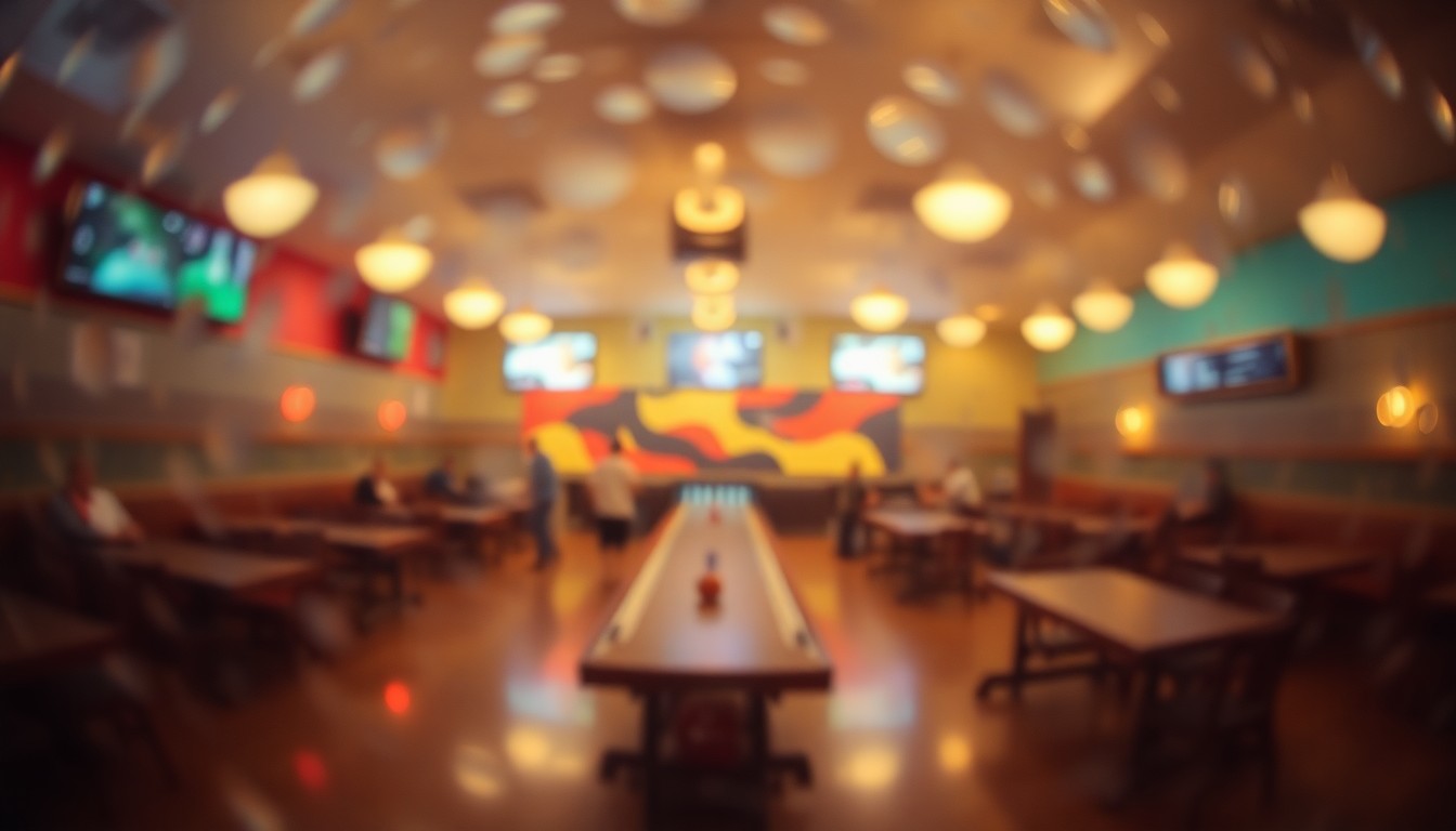 An abstract, impressionistic scene of blurred bowling pins and balls in a warm, softly-lit bowling alley, conveying the communal spirit and fond memories surrounding Joe's life.