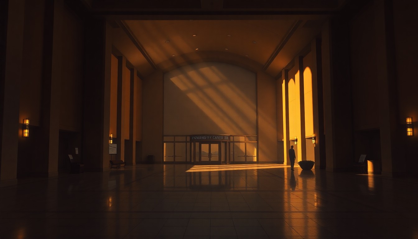 A serene, cinematic painting of the empty, dimly lit lobby of the Kennedy Center, with warm, diagonal sunlight casting deep shadows across the space, conveying a sense of melancholy and uncertainty about the institution's future.