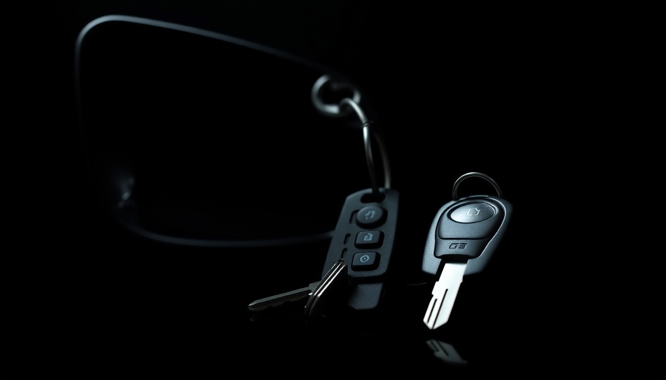 An extreme close-up photograph of a set of car keys and a broken side mirror against a pitch-black background, conveying the gritty, investigative nature of a border chase through stark lighting and dramatic framing.