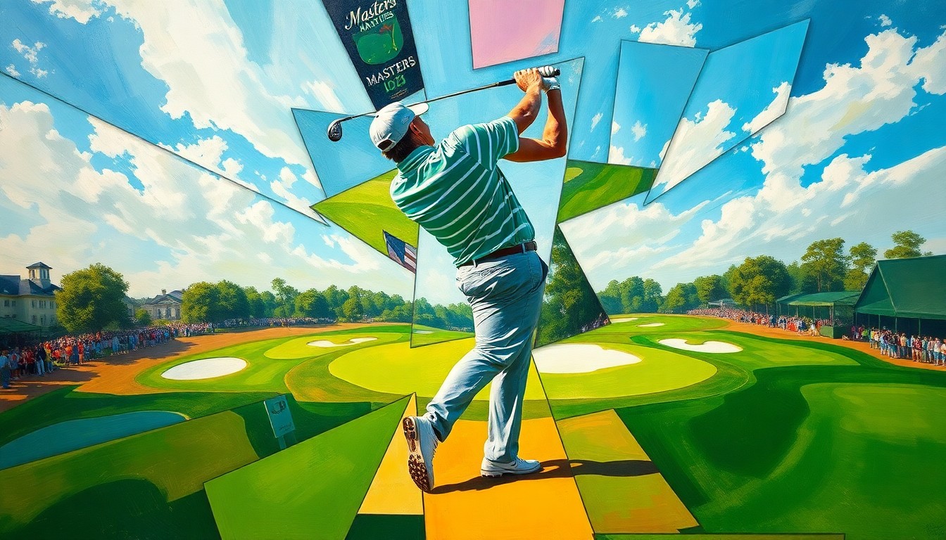A cubist, geometric painting depicting a golfer's swing and the Augusta National Golf Club grounds in an abstract, fragmented style, capturing the energy and excitement of the Masters Tournament.
