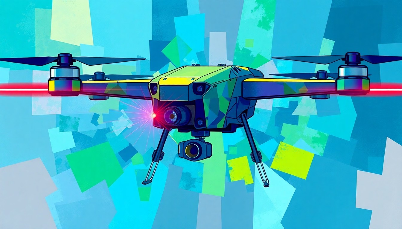A dynamic, abstract painting of an anti-drone laser device, with overlapping geometric shapes and fractured lines in shades of blue, green, and violet, conveying a sense of technological power and precision.