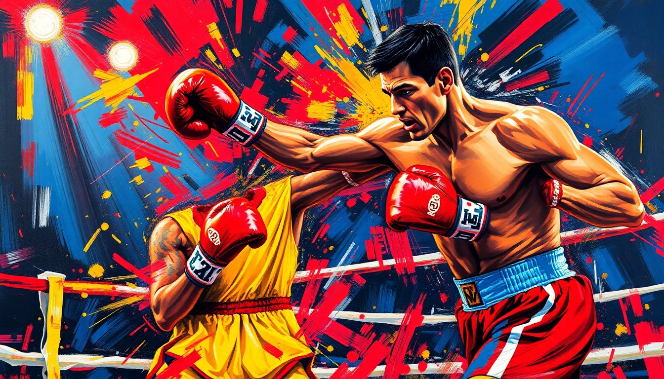 An abstract expressionist painting in neon colors, with rapid brushstrokes depicting the dynamic movements of a boxer in the ring, conveying the raw energy and emotion of the sport.
