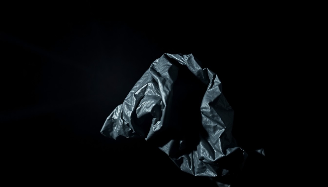 An extreme close-up of a crumpled, twisted piece of metal from a hiking backpack, lit by a harsh, direct camera flash against a pitch-black background, conceptually representing the gritty, investigative nature of the missing person case.