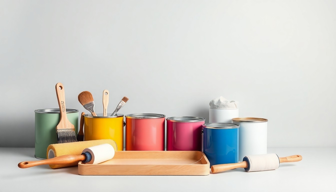 A high-end studio still life photograph featuring an elegant arrangement of premium painting tools and supplies, including brushes, rollers, trays, and cans of paint in various colors, on a clean, monochromatic background, conceptually representing the craftsmanship and attention to detail behind Marty's Painting's residential services.