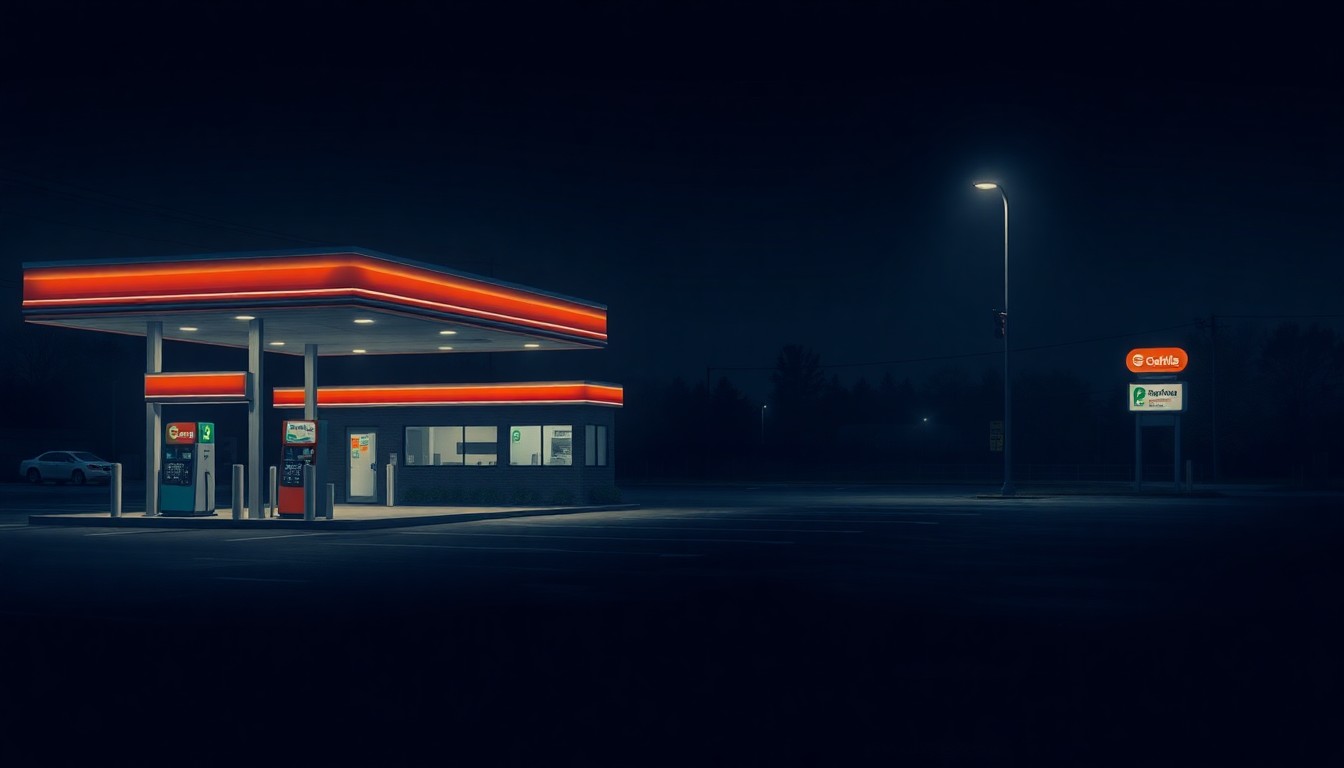 A quiet, cinematic painting of a dimly lit gas station convenience store at night, with a single streetlight casting long shadows across the empty parking lot, evoking a sense of solitude and unease.