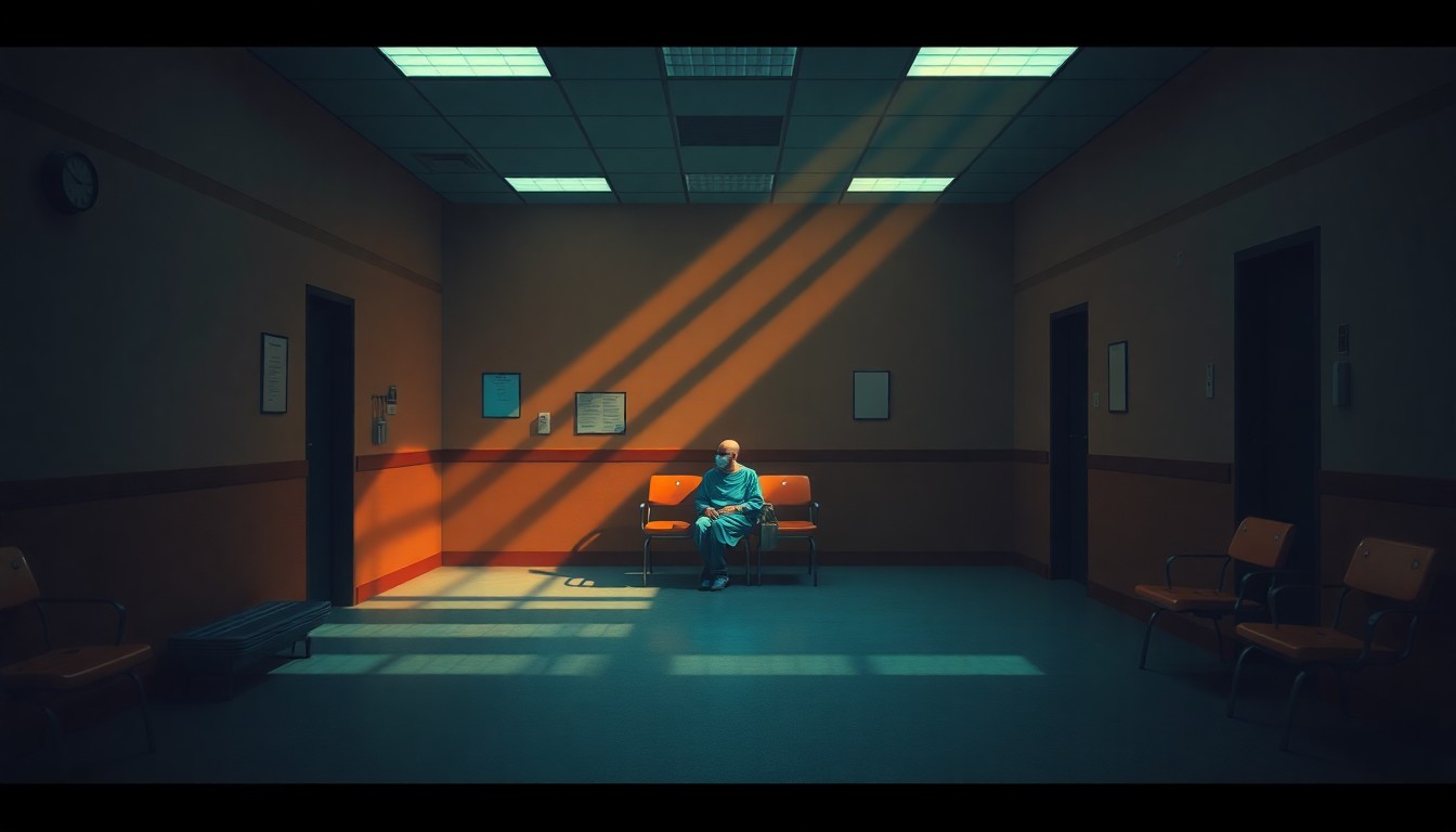 A quiet, cinematic painting of an empty hospital waiting room with a single patient sitting alone, the space bathed in warm, diagonal sunlight and deep shadows, conceptually illustrating the challenges facing Maine's health care system.