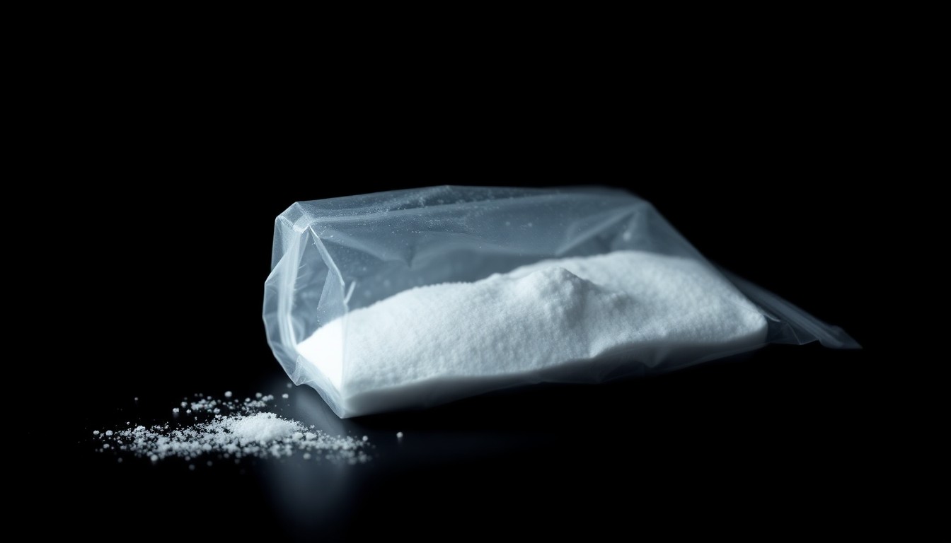 An extreme close-up photograph of a small plastic bag containing a white crystalline powder, lit by a harsh, direct camera flash against a pitch-black background, conceptually representing the drug evidence found in the teacher's home.