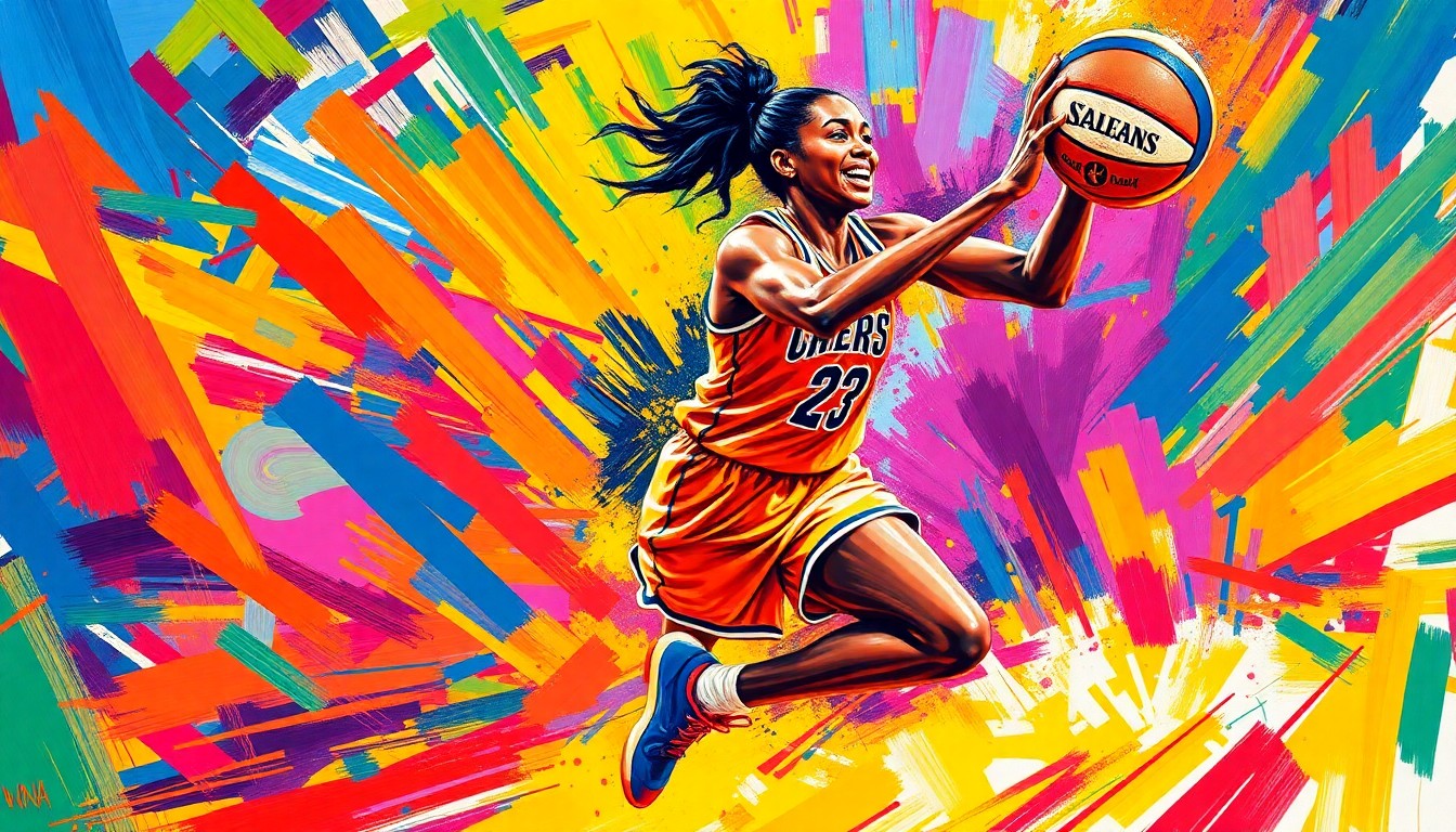 An abstract, expressionist painting featuring a WNBA player in motion, with vibrant neon brushstrokes capturing the raw energy and dynamism of the sport.