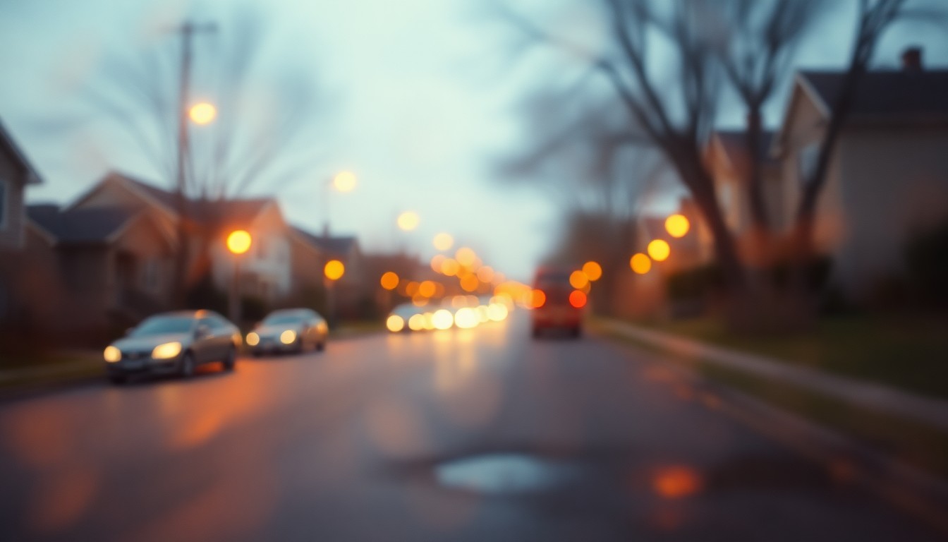 An extremely blurred, out-of-focus photograph of a residential street scene, with soft pools of warm light and color obscuring the details, suggesting the mood and atmosphere of pothole repair work being done by city crews.