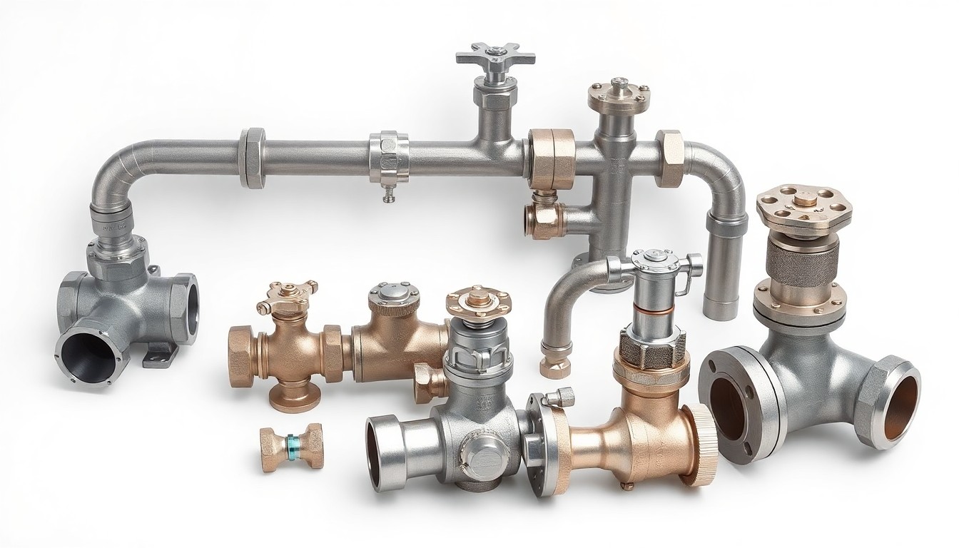 A minimalist studio photograph featuring a carefully arranged set of shiny metal pipes, valves, and fittings on a plain white background, conceptually representing the technical infrastructure improvements made to the West Side canal in Klamath Falls.