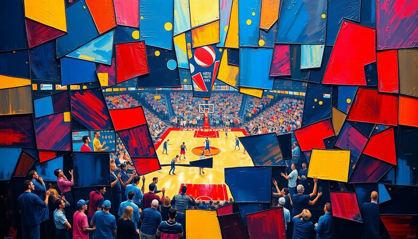 A fragmented, cubist-style painting depicting a basketball arena or game scene, with sharp, overlapping geometric shapes in shades of navy, red, and yellow, conveying the conceptual complexity of the Mavericks' arena plans.