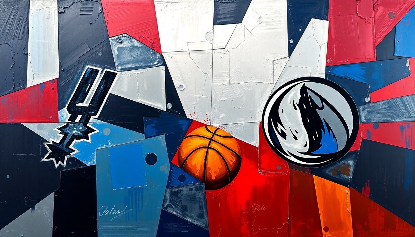 A cubist, geometric painting depicting a basketball game between two teams, with the players and court fragmented into sharp, overlapping planes of navy, silver, and crimson, conveying the intensity and energy of the matchup.