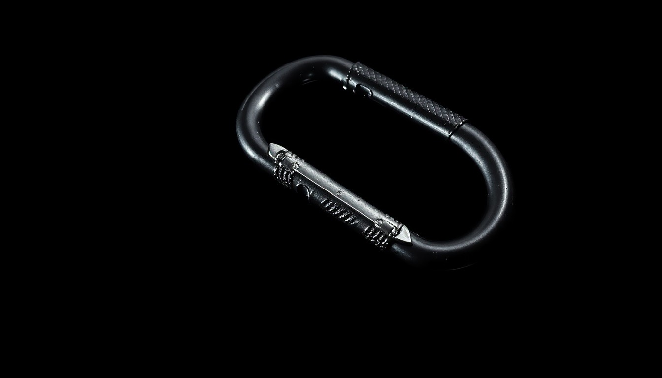 An extreme close-up photograph of a broken metal carabiner against a black background, conceptually representing the tragic incident at the Lower Table Rock cliffs.