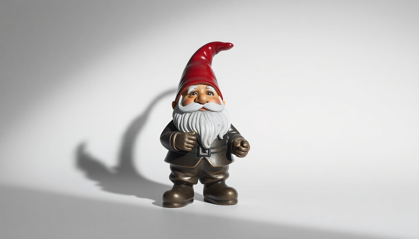 A photorealistic studio still-life image of a single Masters-themed gnome figurine, crafted from polished ceramic and metal materials and elegantly arranged on a clean, monochromatic background with dramatic lighting and shadows to convey its status as a sought-after collector's item.