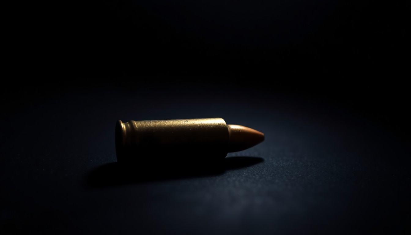 An extreme close-up photograph of a single spent bullet casing on a dark surface, lit by a harsh, direct camera flash, conceptually representing the physical evidence from a deadly shooting incident.