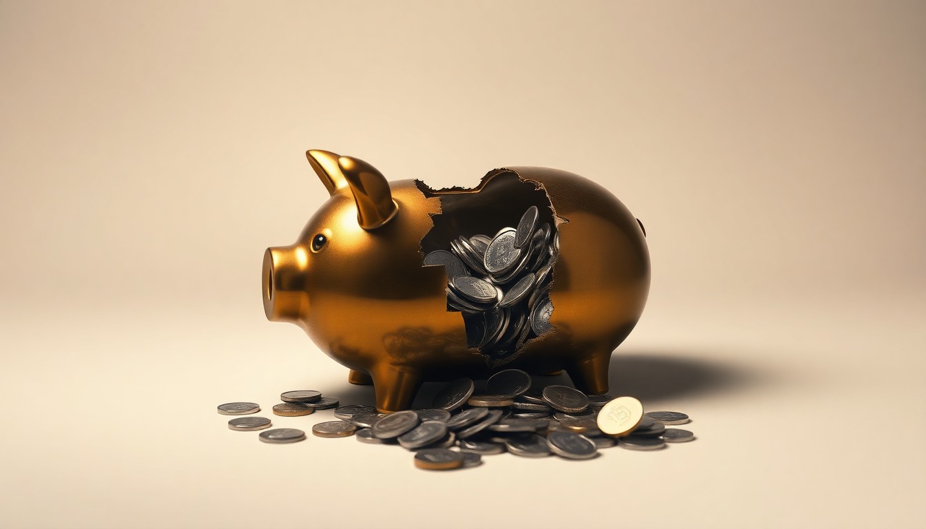 A photorealistic studio still life featuring a cracked brass piggy bank with scattered coins spilling out, representing the financial losses of United Homes Group investors.