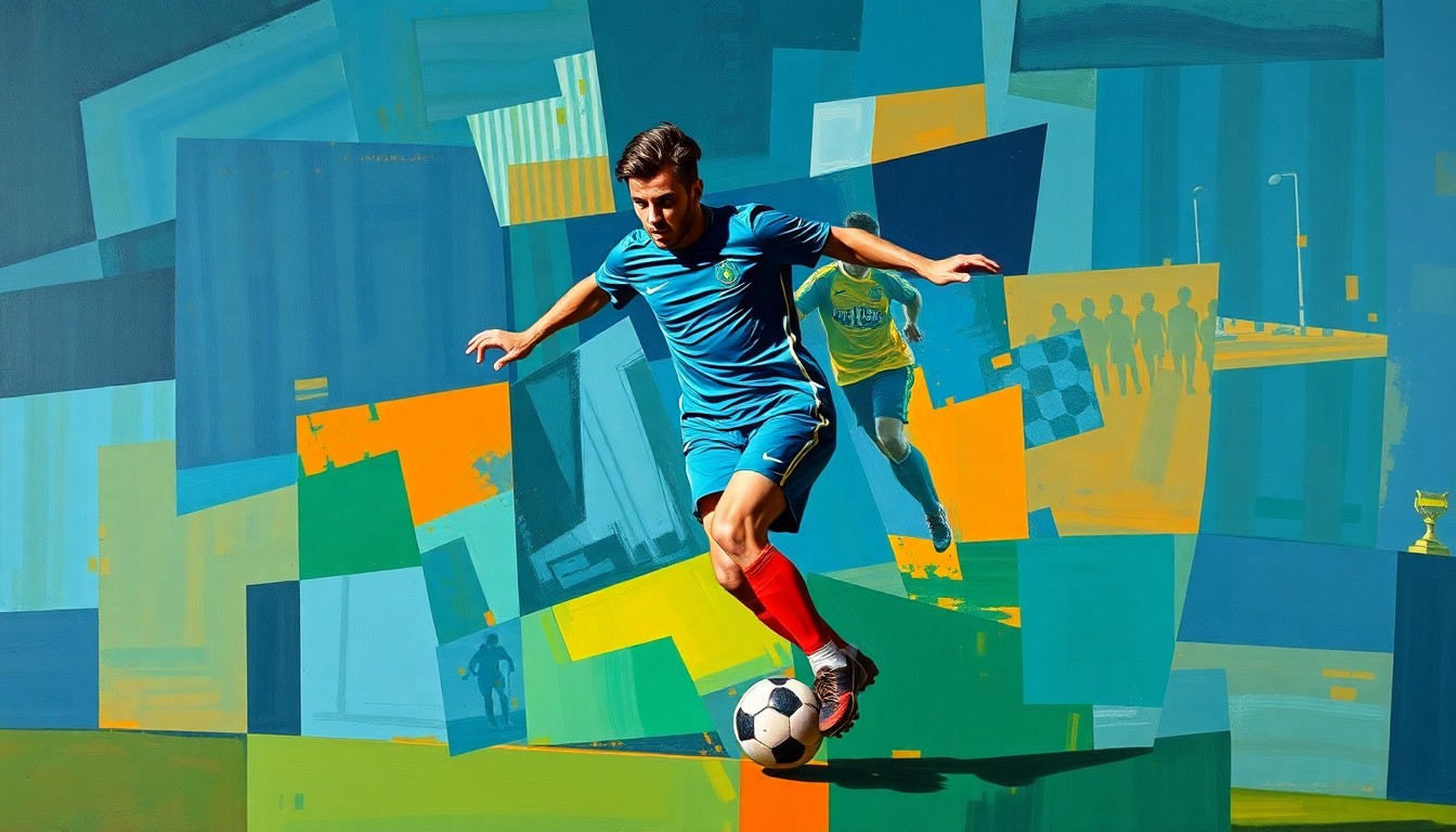 A fractured, geometric painting depicting a soccer player in mid-action, with sharp, overlapping planes of vibrant colors like deep blue, emerald green, and fiery orange, conceptually representing the intricate dynamics behind modern player transfers.