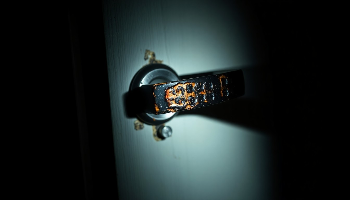 An extreme close-up photograph of a charred and melted door handle, illuminated by a harsh camera flash against a pitch-black background, conveying the gritty aftermath of a house fire.