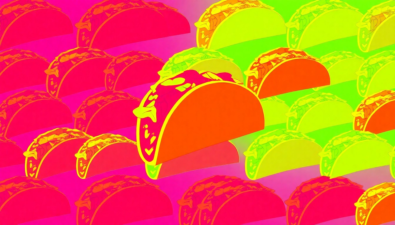 A highly stylized, pop art-inspired illustration featuring a repeating grid of brightly colored, silkscreened taco icons in neon hues and heavy black outlines, capturing the modern, trendy vibe of a new taqueria opening in East Austin.