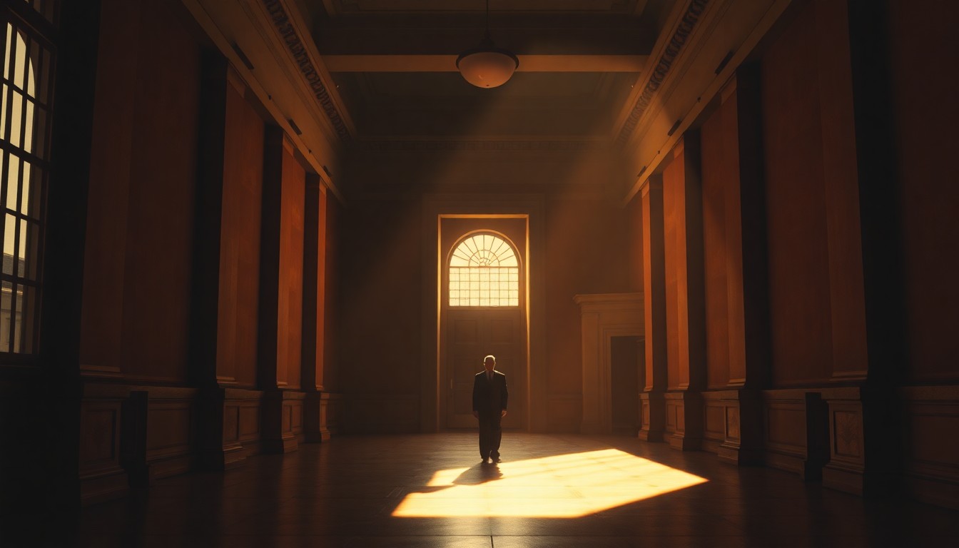 A solitary figure stands alone in a dimly lit government building, bathed in warm, diagonal sunlight and deep shadows, conveying a sense of isolation and unease.