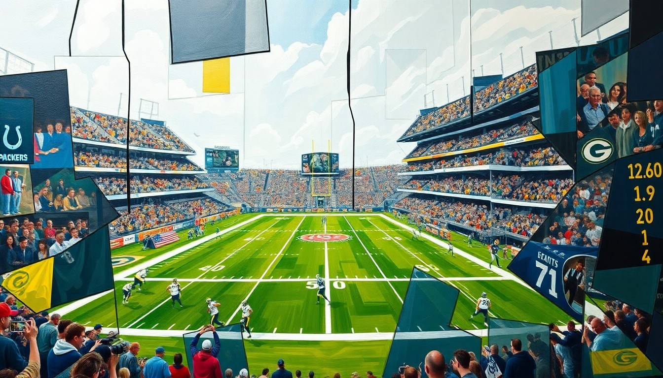 A fractured, geometric painting depicting a football game or match, with sharp, overlapping planes of color and shape representing the players and action on the field.