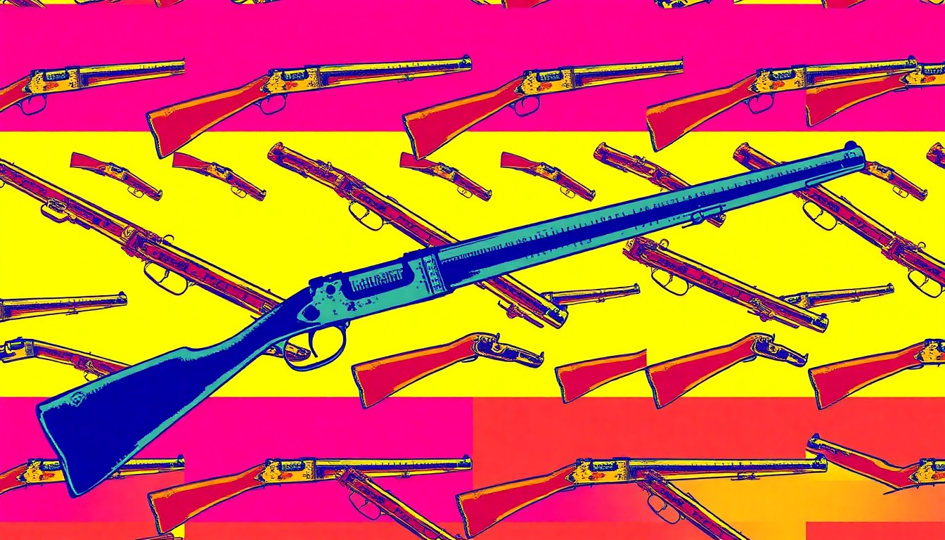 A bold, colorful silkscreen-style illustration featuring a colonial-era musket repeated in a grid pattern, capturing the historic military atmosphere of the Hearty in the Cause event in Lewes.