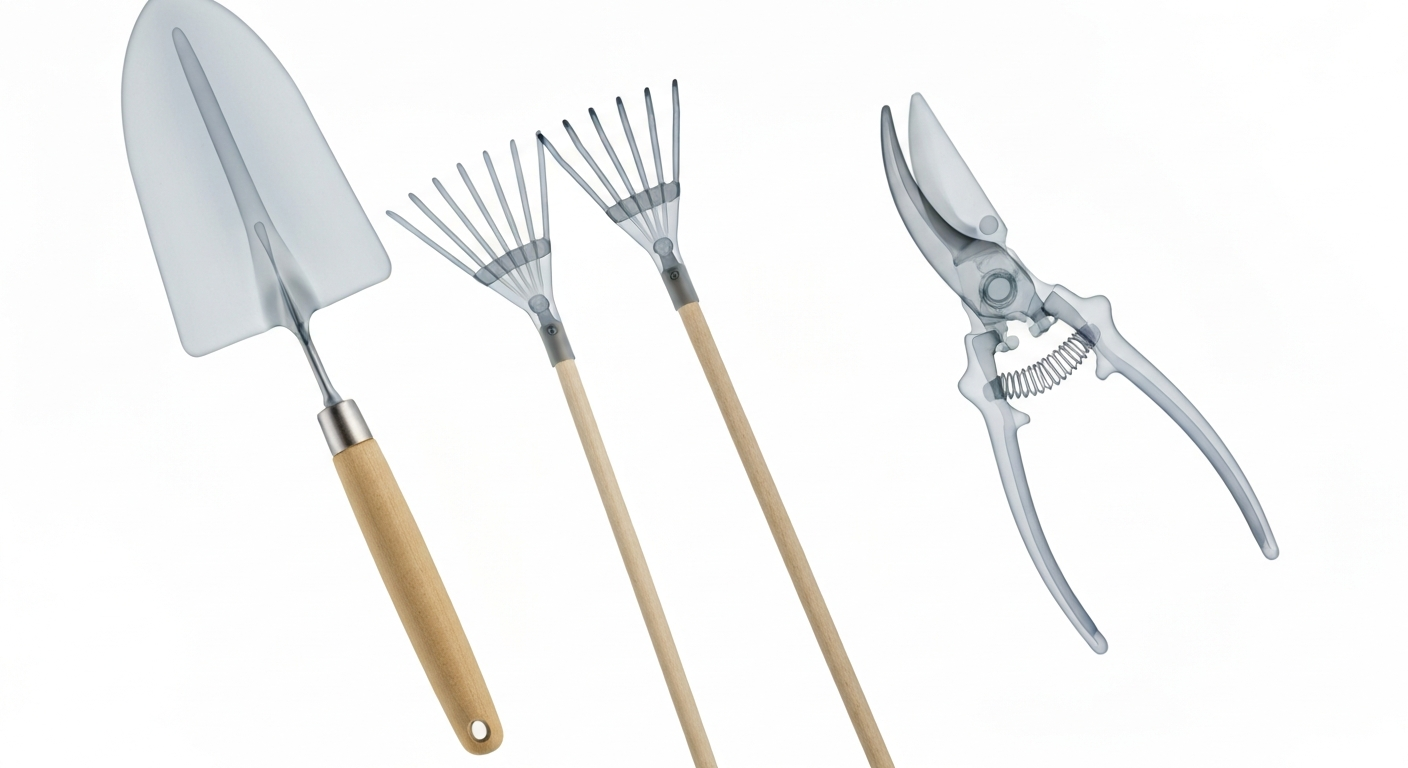 A ghostly, translucent X-ray photograph showing the internal structures of gardening tools like a trowel, rake, and pruning shears, conceptually illustrating how the simple act of gardening can have profound effects on the human brain.