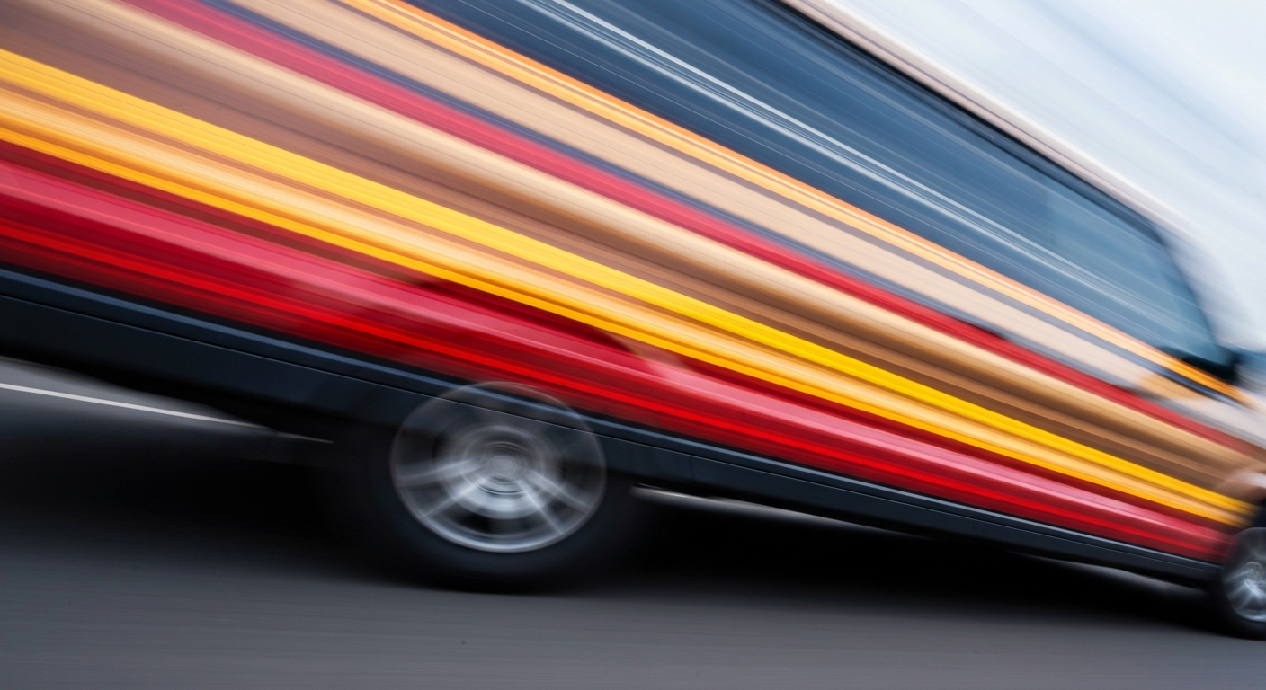 An abstract, sweeping image of a vehicle in motion, with blurred lines of color and movement conveying the energy and forward momentum of the auto repair shop's achievements.